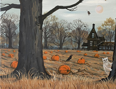 #ad ACEO PRINT OF PAINTING RYTA HALLOWEEN BLACK CAT Folk Art house haunted Ghost Odd $7.49