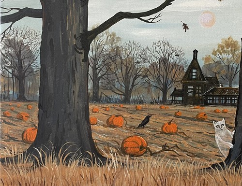 ACEO PRINT OF PAINTING RYTA HALLOWEEN BLACK CAT Folk Art house haunted Ghost Odd - Picture 1 of 1