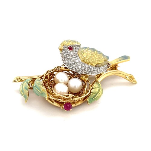 18k Gold, Enamel, Cultured Pearl, 0.75ct Diamond & Ruby Cabochon Bird Brooch 21g - Picture 1 of 6