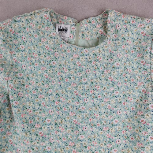 Leslie Fay Dress Womens 14P Green Floral Short Sleeve Ruffle Hem Vintage Style - Picture 2 of 23
