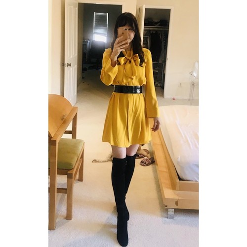 TORY BURCH Women's Yellow Golden 100% Silk Crew Neckline Sophia Dress Size 2 - Picture 9 of 11