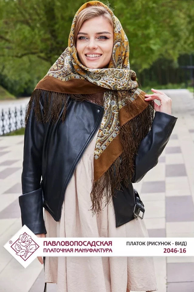 Bufanda cuadrada 35"" lana merino Pavlovo Posad chal verde oliva regalos rusos 2046 Foto 3 de 4