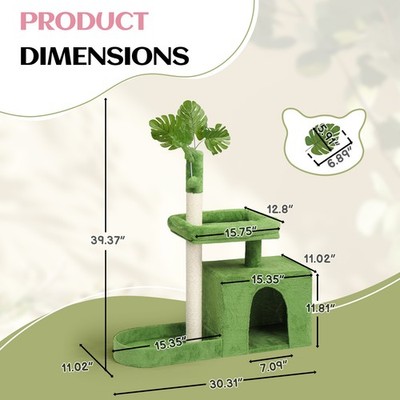 36in Green Leaves Cat Tree Tower Indoor with Cat Scratching Post, Cozy Condo