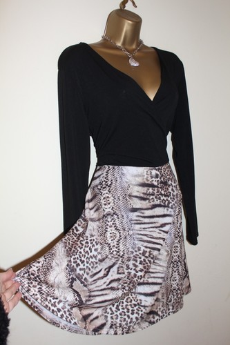 Lipsy 2 in1 Black Leopard Skater Wrap Dress Size 14 Long Sleeve Party Occasion - Picture 19 of 24