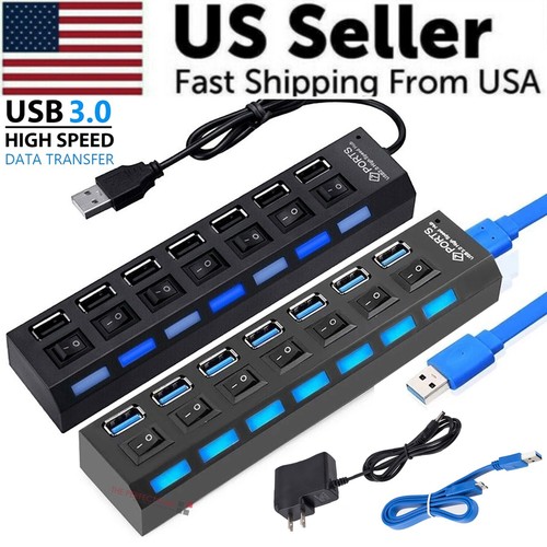 7 Port USB 2.0 / 3.0 Hub Splitter Adapter High Speed For PC Laptop Mac Desktop - Picture 1 of 14