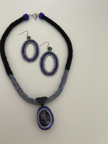 Ameythst Pendant on Beaded Tubular Necklace and Beaded Earring Set - Picture 2 of 7