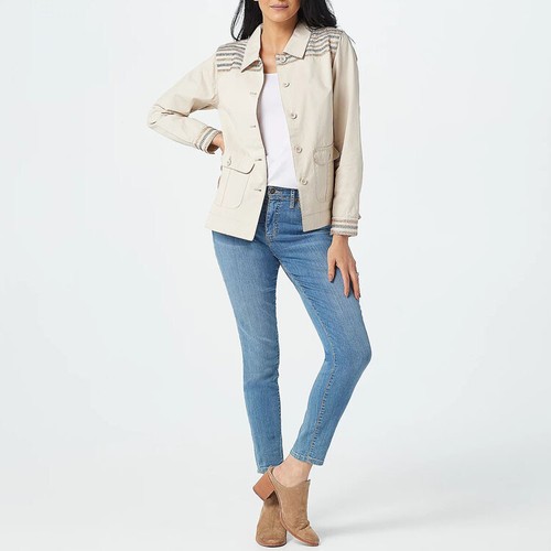 Denim & Co Jacket Sz 1X Black Cotton Twill Utility Shacket Embroidery Urban Chic - Picture 6 of 7