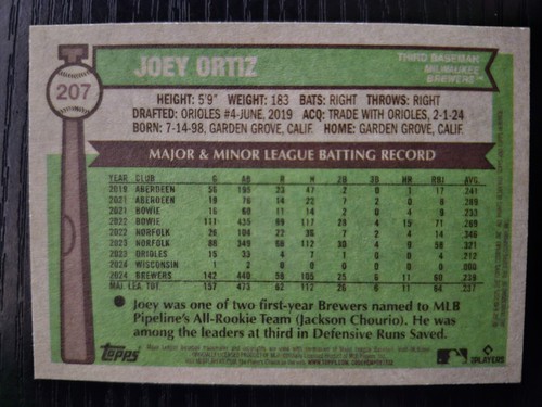 2025 Topps Heritage Joey Ortiz Red #207 Brewers - Bild 2 von 2