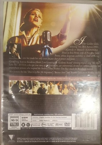 EVITA DELETED RARE DVD EVA PERON MADONNA LLOYD WEBBER ALAN PARKER MOVIE MUSICAL - Picture 2 of 3
