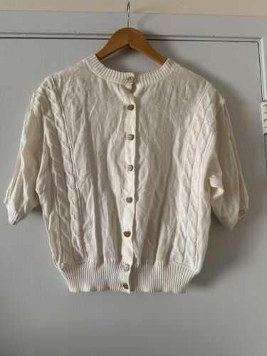VINTAGE 1980s Dana Buchman off white Cotton/Linen cable top blouse L - Picture 4 of 10