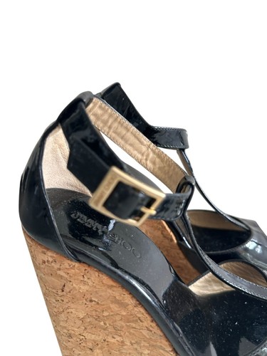 JIMMY CHOO Black Patent Leather Cork Wedges Sandals Size 36.5 - Picture 6 of 16