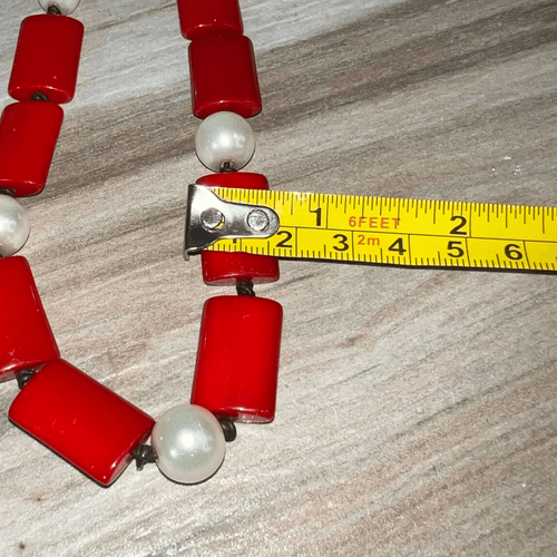Vintage Knotted Pearl Bead Necklace Women’s Red And White Retrocore Bohemian - Picture 7 of 8