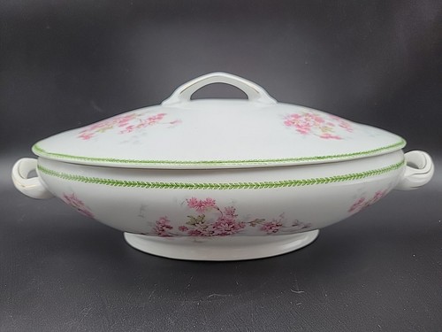 VICTORIA AUSTRIA Oval Covered Vegetable Serving Dish GREEN LAUREL BAND & DAISIES - Picture 12 of 12