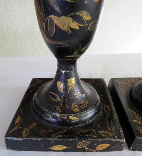 "Par de portavelas de metal pintado con tole francesa oro negro chinoiserie 8,5" - Imagen 9 de 10