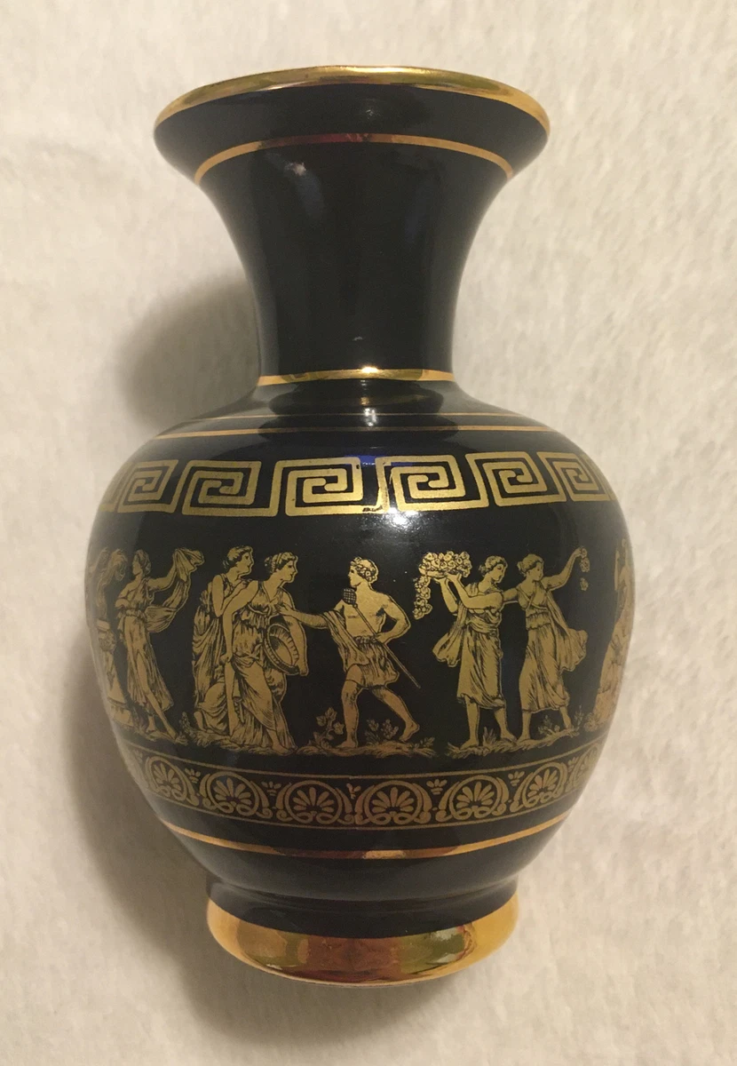 Vintage Blue Greek Vase Porcelain Mythology 24kt gold, handmade ceramic