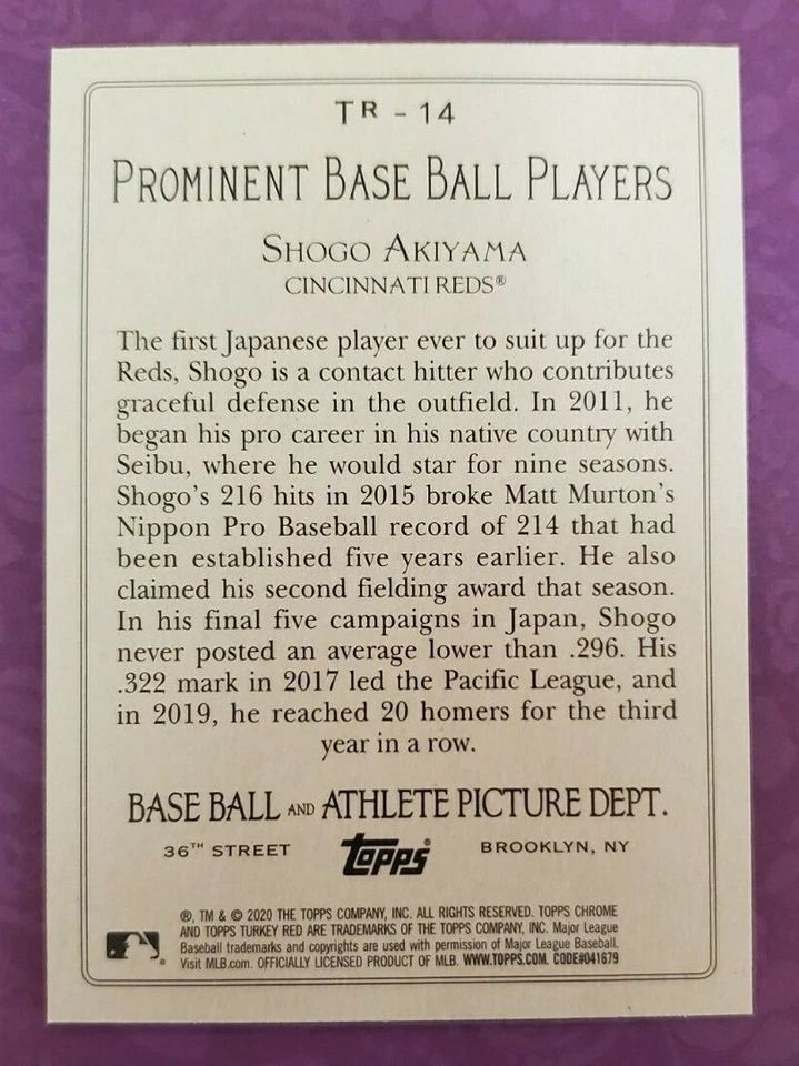 2020 Topps Update Turkey Red #TR-14 Shogo Akiyama Cincinnati Reds Baseball Card - Image 2 of 2