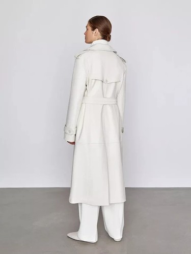 Cappotto lungo donna vera pelle vera pelle di agnello elegante bianco con cintura trench coat - Foto 4 di 5