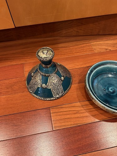 Morrocan Tagine Pot With Lid Teal And Silver Color 8” - Picture 14 of 15