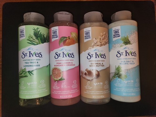 St Ives Exfoliating Body Wash 4 Bottles 16 oz Plant Based - 4 Scent Sampler