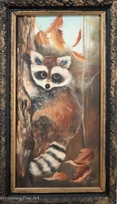 Beautiful Vintage Naive Folk Art Oil Painting of a Raccoon in a Tree, Framed