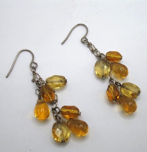 Vintage sterling silver and citrine/amber color glass bead drop earrings - Picture 3 of 6