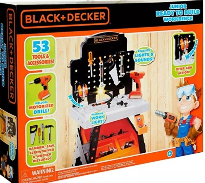 Black + Decker Junior Ready to Build Workbench, Kids Play 53 Tools Sounds  Lights