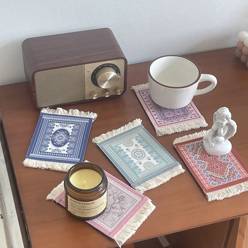 Woven Cup Pad Persian Pattern Rug Mat Mini Office Table Decor Home Craft Retro - Image 4 of 4