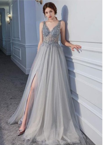 Damen hübsches Pailletten Perlen tiefer V-Schlitz ausgestellt Abendkleid Cocktail Abschlussball - Bild 6 von 20