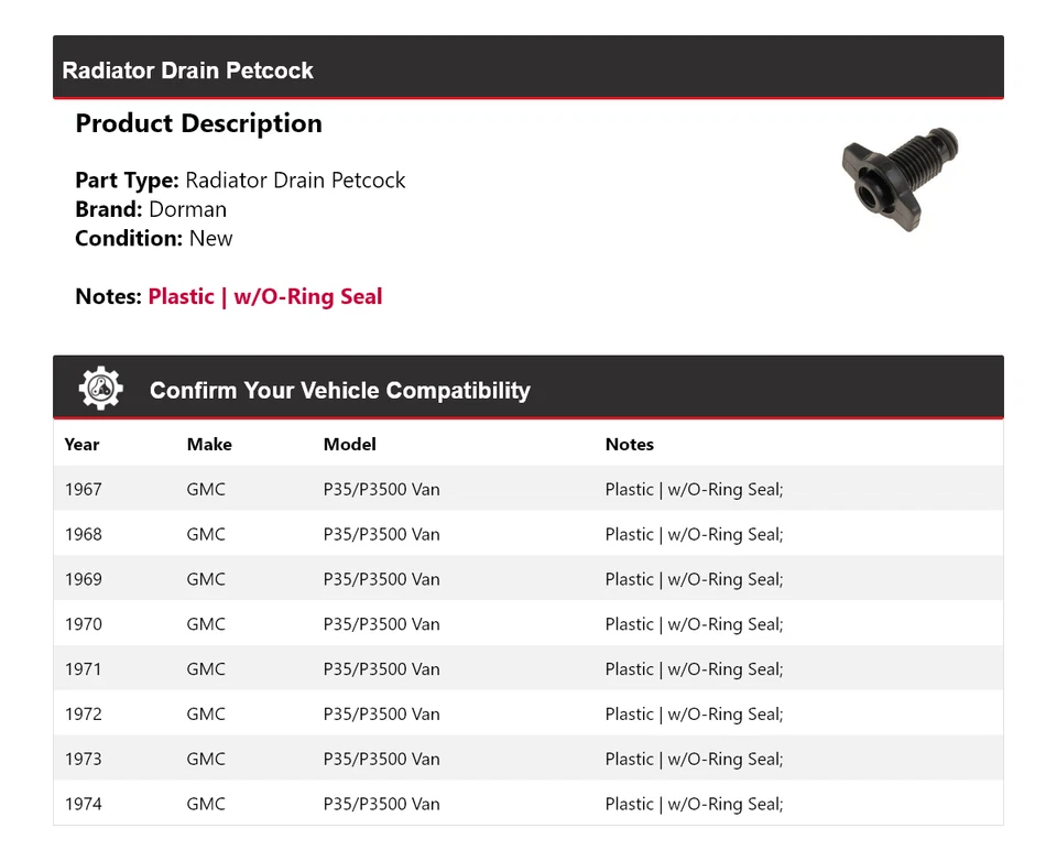 Para GMC P35/P3500 1967-1974 Van Dorman Radiador Drenaje Petcock 1968 1969 1970 Foto 2 de 4