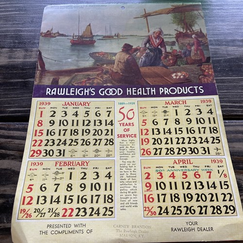 Rawleigh’s Good Health Products 1939 Large Calendar Includes Founders Message - Picture 2 of 4