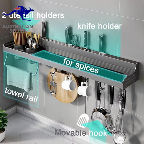 Wall Spice Rack, Spice without Drilling, Kitchen Shelf Hanging with Movable Hook - Picture 2 of 12