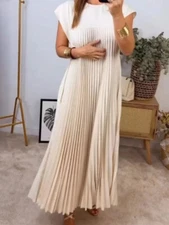 Women's Full Size Pleated Round Neck Maxi Dress Plus Size - Cream - S-3XL