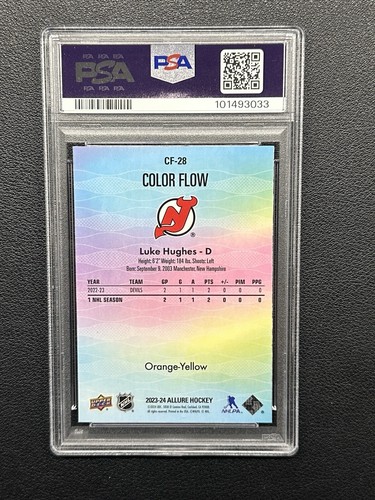 2023-24 UD Allure Color Flow ❄️ LUKE HUGHES ❄️ Orange Yellow PSA 9 (LOW POP) RC - Picture 2 of 2