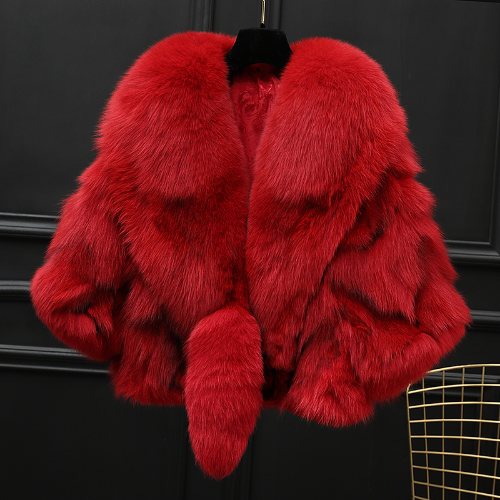 Winter Cloak Cardigan Big Real Fur Collar Cape Poncho with Medium Fur Sleeves - Bild 8 von 40