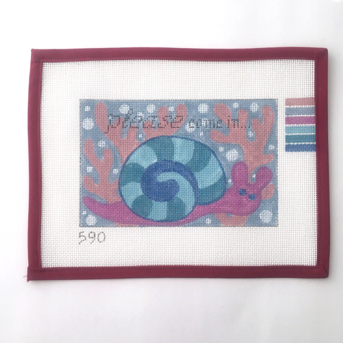 Handpainted Needlepoint Canvas Please Come In Sign Snail Blue Purple 14 Mesh - 第 1/3 張圖片