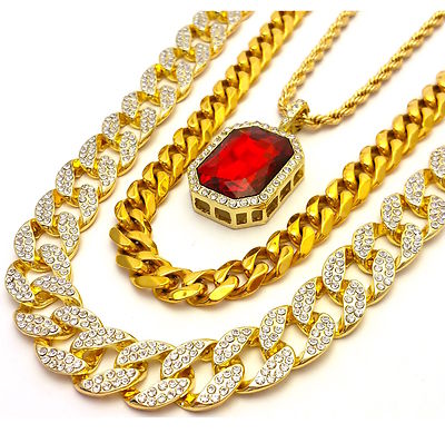 MENS LAB DIAMOND GOLD FINISH MIAMI CUBAN LINK CHAIN COMBO SET 3