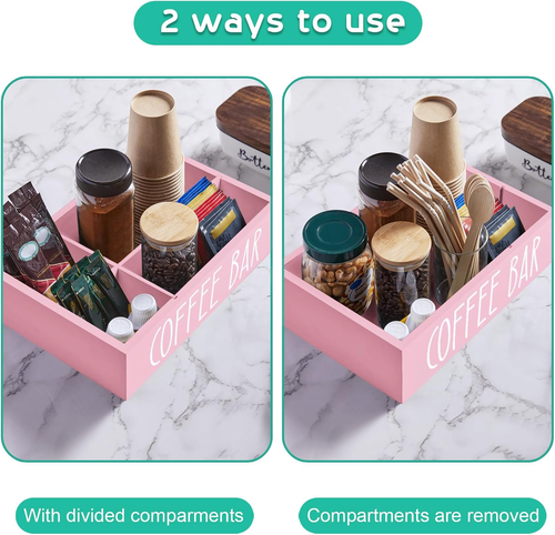 Rosa Kaffeestation Organizer mit abnehmbaren Trennwänden - Holz Kaffee Bar Zubehör - Bild 2 von 12