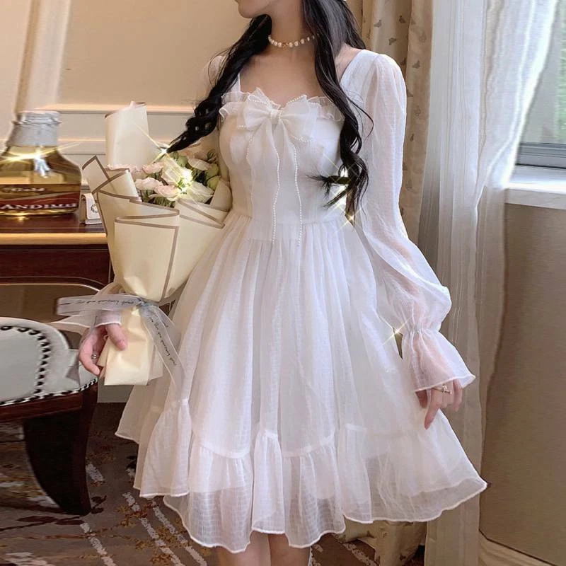 Fairy Lolita Dress Women Long Sleeve Lace Mini Dress Retro Kawaii Dress  Sweet