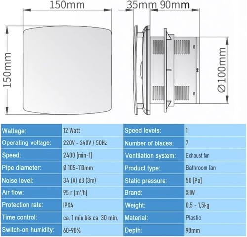 Badlüfter 100mm mit Feuchtigkeitssensor Abluftventilator einstellbarer Nachla... - Bild 3 von 10