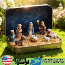 2x Mini Christmas Nativity Set in a Tin Box, Pocket Size Nativity Scene Gift Tin