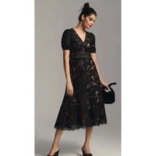 Anthropologie Ophelia Puff Sleeve Elegant Black Lace Dress Midi  V Neck size 4