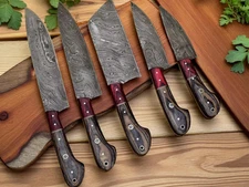 Damascus Chef Knife Set 5PC Handmade Kitchen Knives with Leather Sheath - Gift