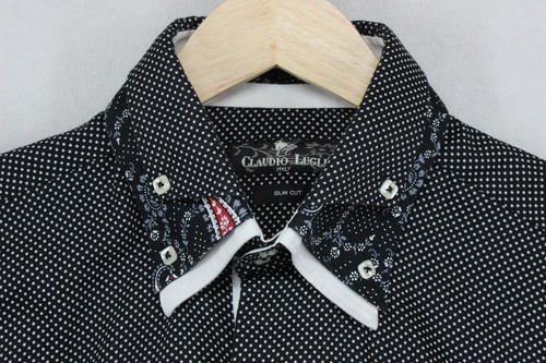 Claudio Lugli Polka Dot Shirt Mens Size L Black Slim Fit Cotton - Picture 3 of 14