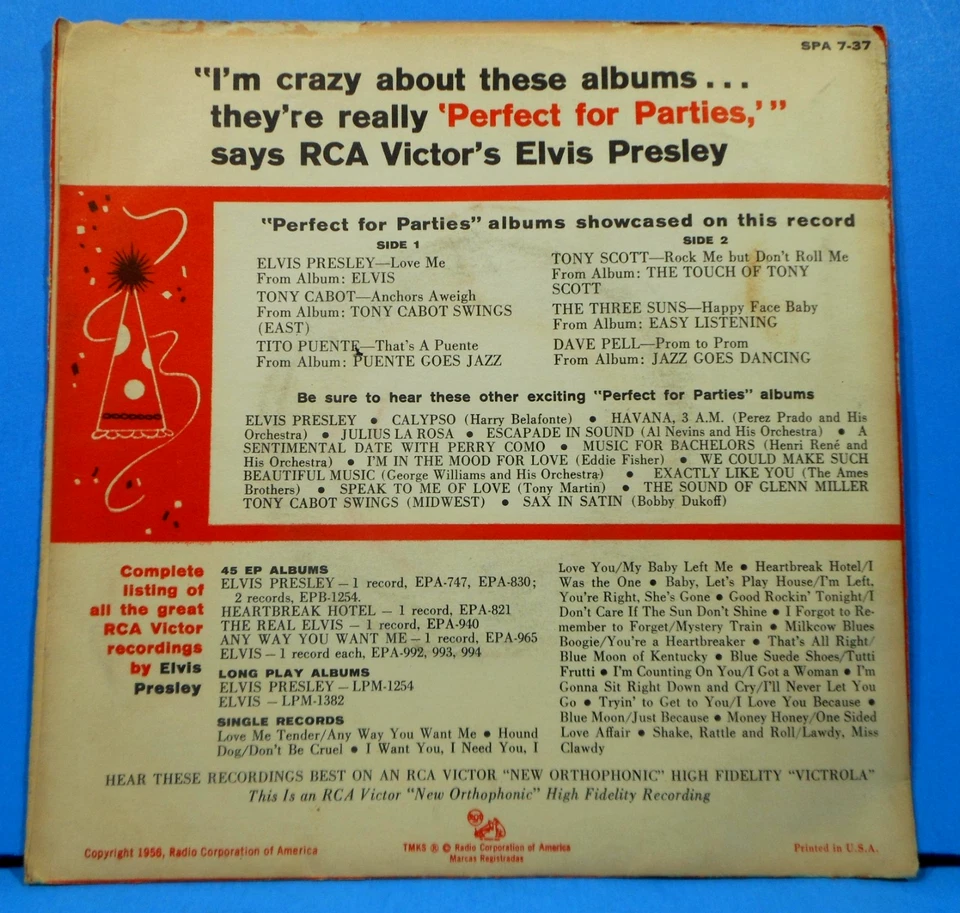 ELVIS PRESLEY PERFECT FOR PARTIES 7" EP 1956 MONO PROMO NICE CONDITION! VG/VG!! - Image 2 of 4