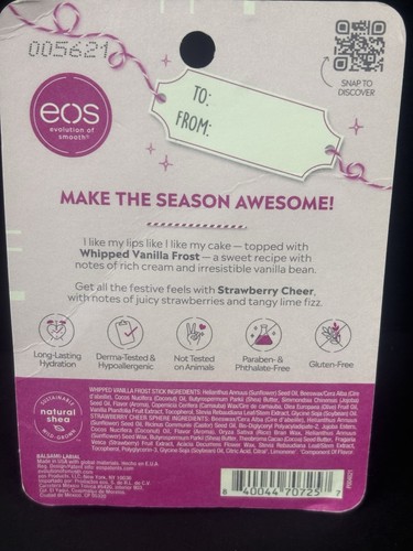 EOS Holiday Stick Sphere Lip Balm Whipped Vanilla Frost & Strawberry Cheer Lot - Picture 3 of 3