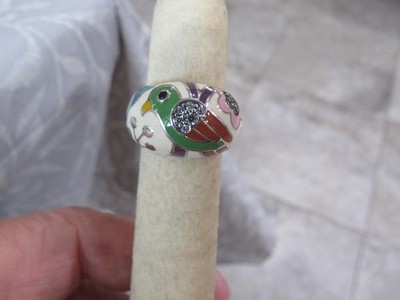 Belle Etoile Sterling Silver Ring White Enamel with Birds and Flowers