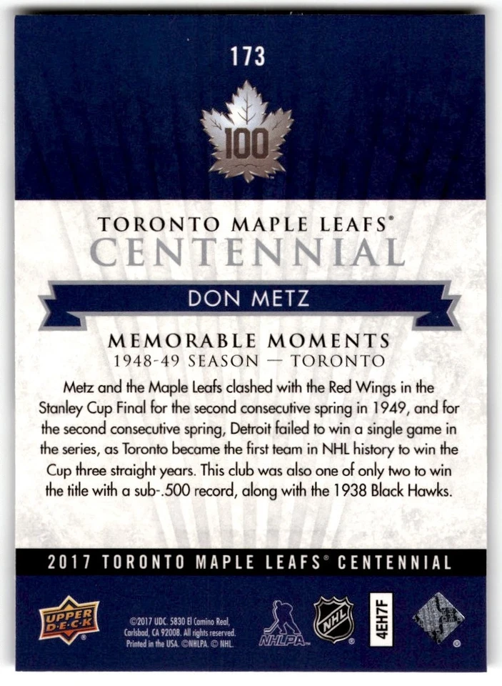 Don Metz 2017-18 Upper Deck Toronto Maple Leafs Centennial SP #173 - Image 2 of 2