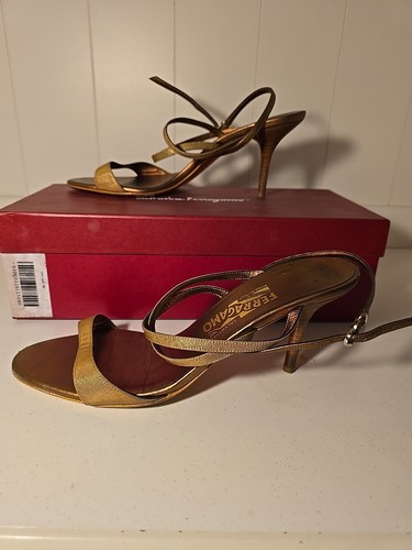Salvatore Ferragamo Samba Open Toe Strappy Gold Leather Sandals Heels 8B - Picture 3 of 6