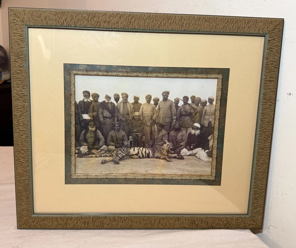 Fotografías antiguas originales del siglo XIX enmarcadas indias dobles caza de tigres sepia Foto 2 de 4