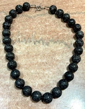 18” Black Lava Rock Bead Necklace 14 MM Beads Silver Tone Toggle Clasp 90 Gr